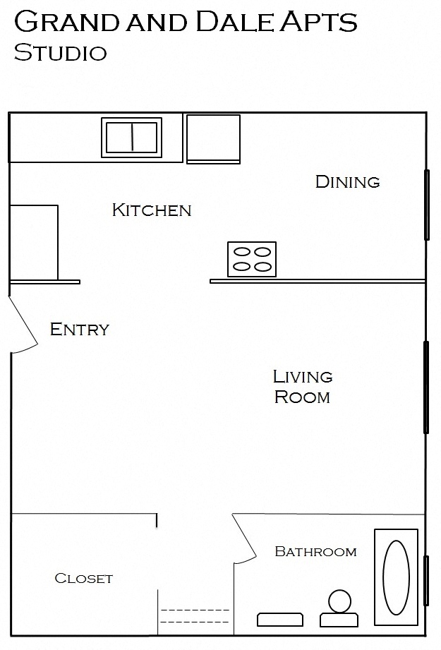 Floor plan for studio, 1 bath, 500 sqft